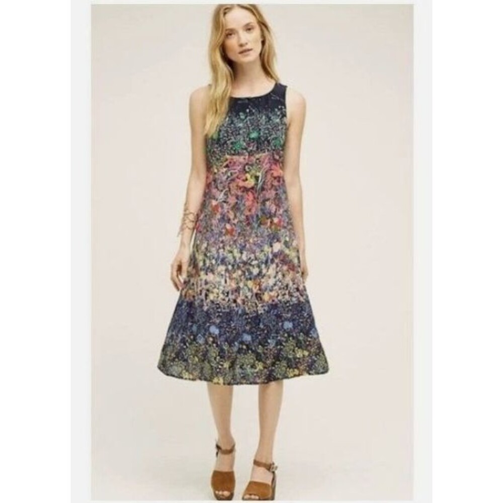 Anthropologie Maeve Larkspur Floral Silk Midi Dress Size 4 Cottage Fairy Boho